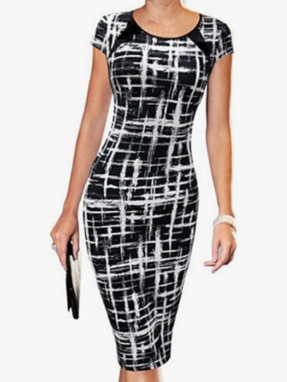 LunaJany Black & White Stretch Midi Dress | Cap Sleeves | Size M